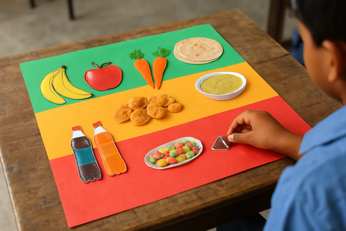 Traffic light food chart for school with fruit and vegetable pictures in green and snack pictures in red