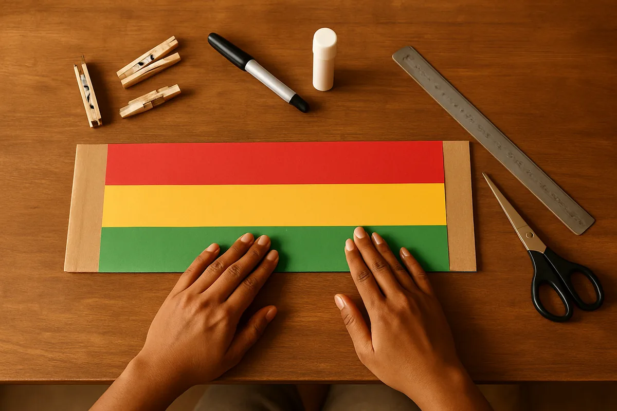 Hands sticking green, yellow and red chart paper on cardboard to make a school traffic light behaviour chart