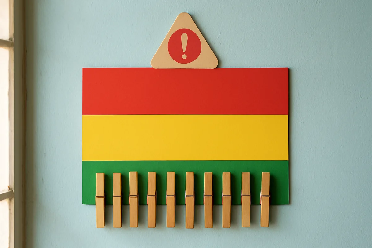 School traffic light chart on a classroom wall with red, amber and green bands and wooden clothes peg clips