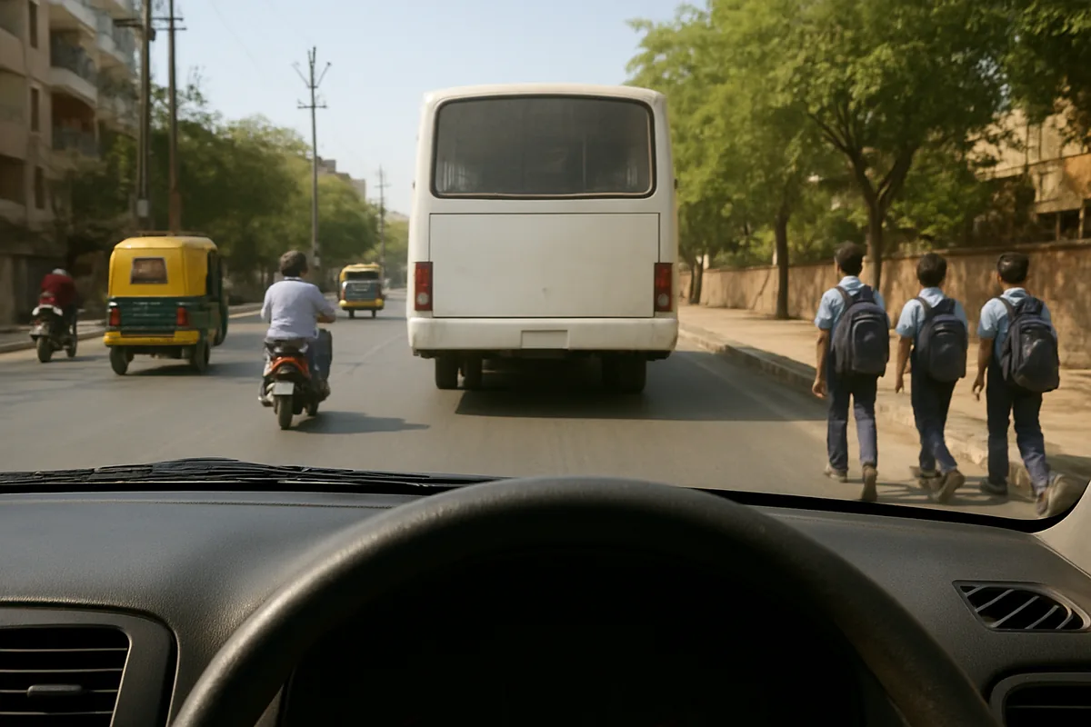 Car keeping a safe gap behind a bus on a busy Indian road, a habit taught in a defensive driving course