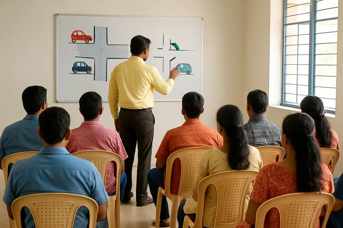 Group of drivers seen from behind in a classroom session of a defensive driving training course