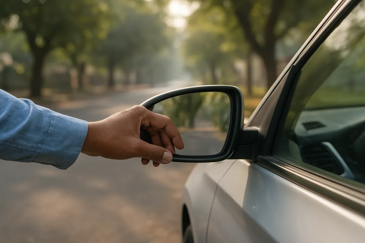 Driver's hand adjusting a side mirror before a drive, a habit practised in a defensive driving course