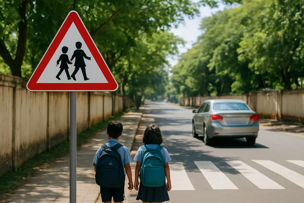 Car slowing near a red triangle School Ahead sign, a key lesson in any defensive driving course