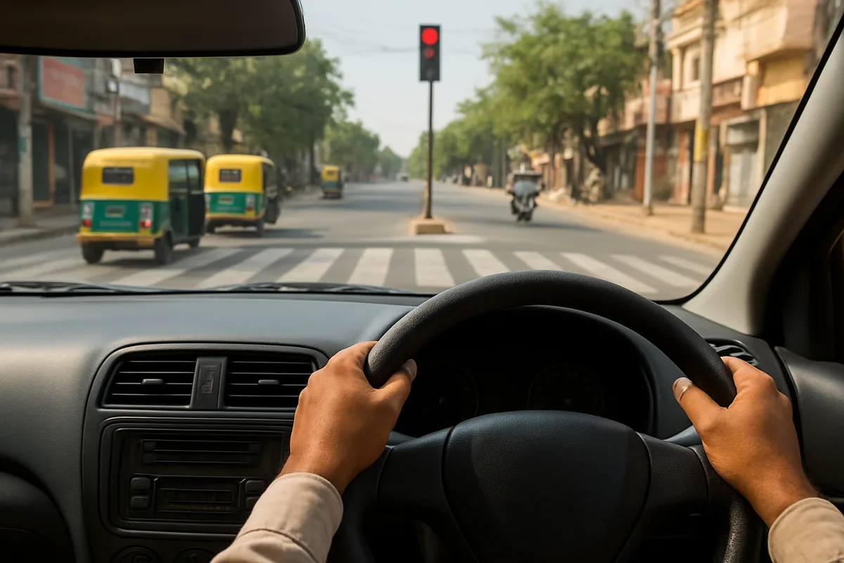 New driver's hands on a steering wheel at a red signal after the record test results of driving test step