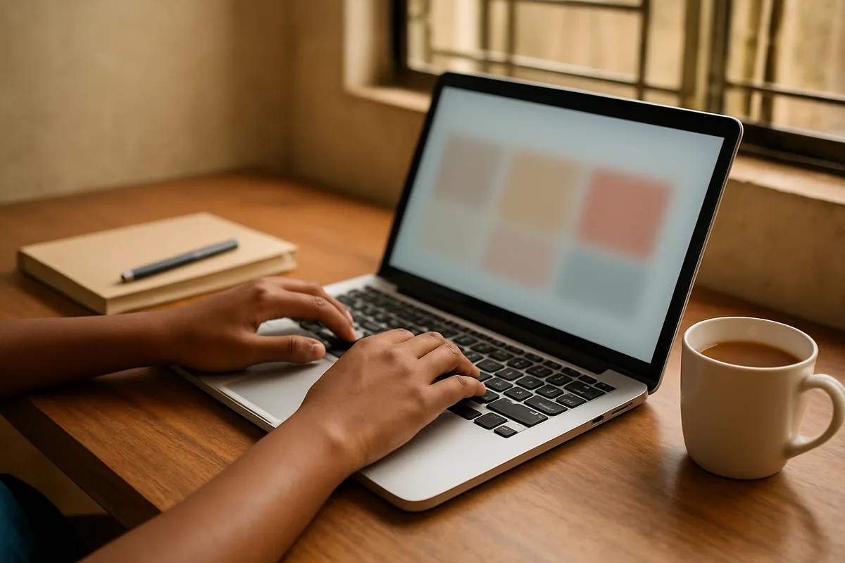 Hands using a laptop to check record test results of driving test status on the licence portal