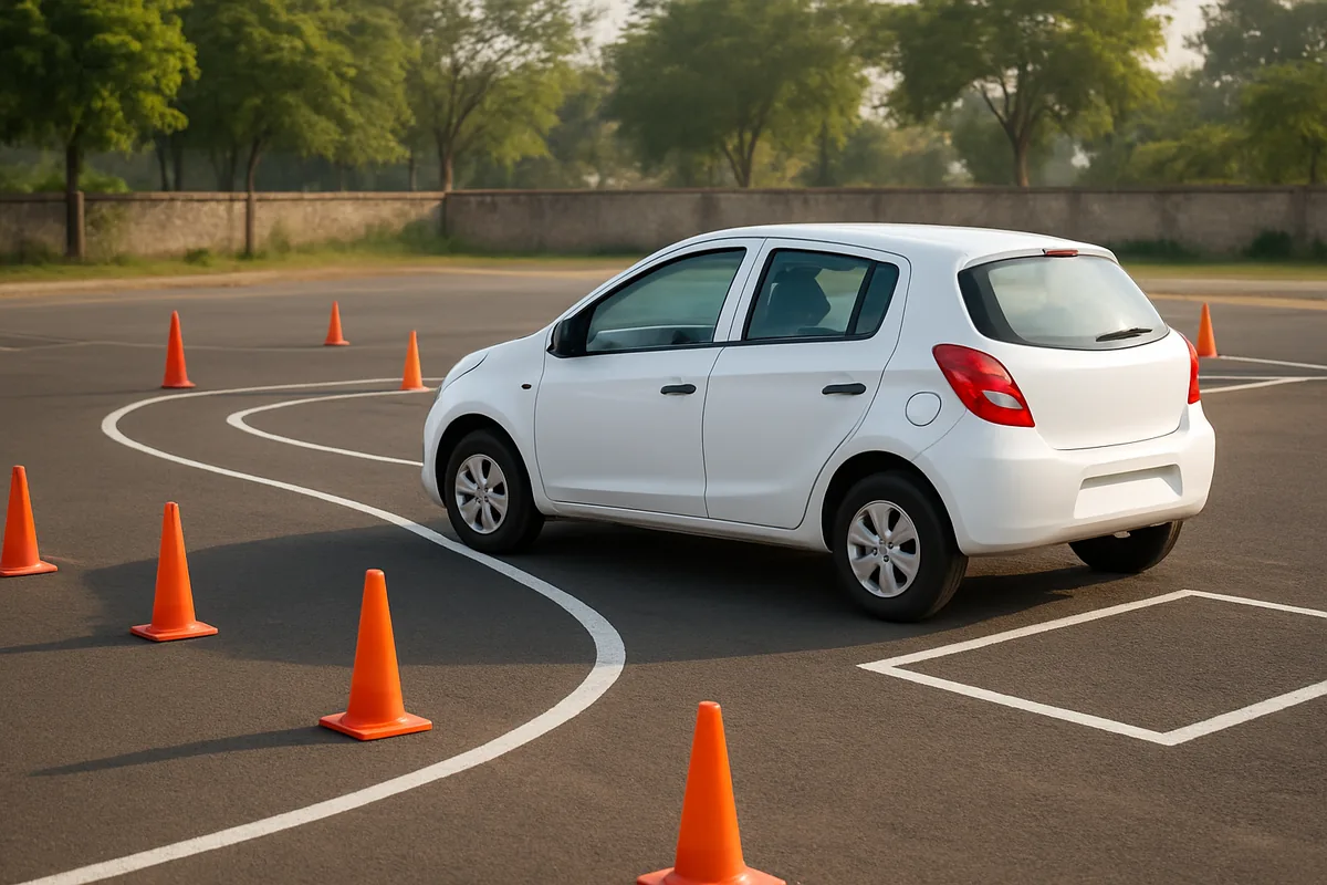 Car on an RTO driving test track with cones, the step before the record test results of driving test stage