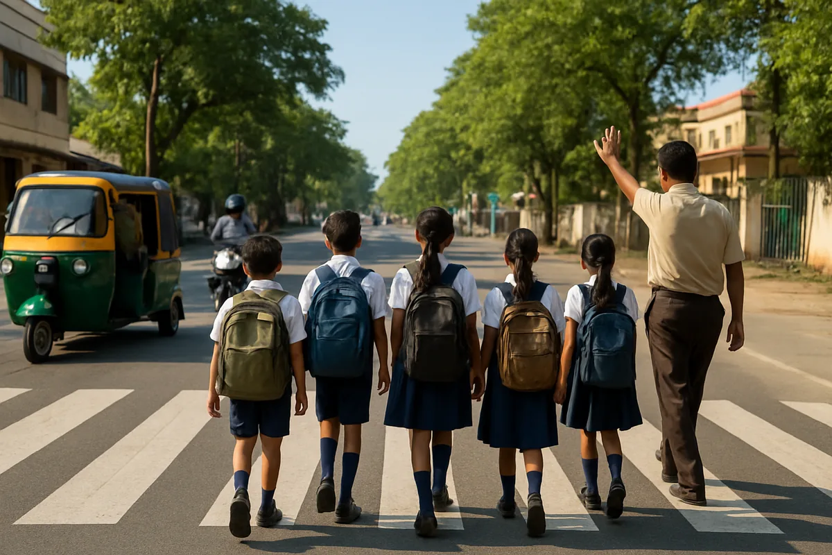 School children seen from behind on a zebra crossing, following traffic rules for school students