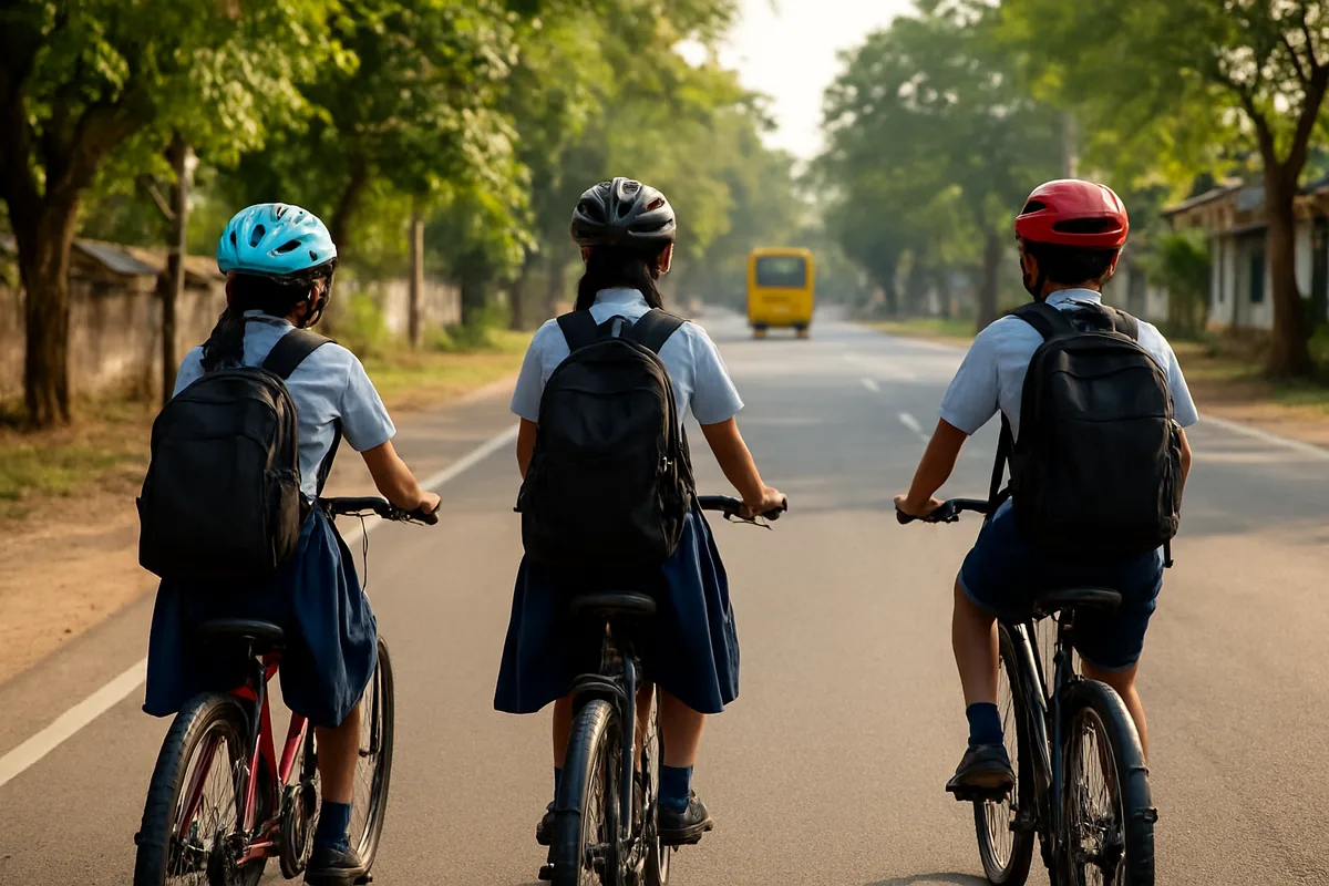Students riding cycles in a line on the left side of an Indian road on the way to school