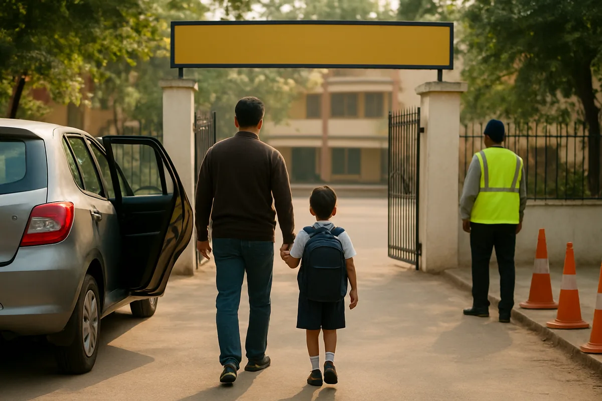 Parent dropping a child at the school gate on the footpath side, a safe habit in the school zone