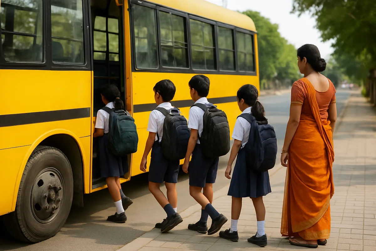 Children boarding a yellow school bus one by one, a key part of traffic rules for school bus riders