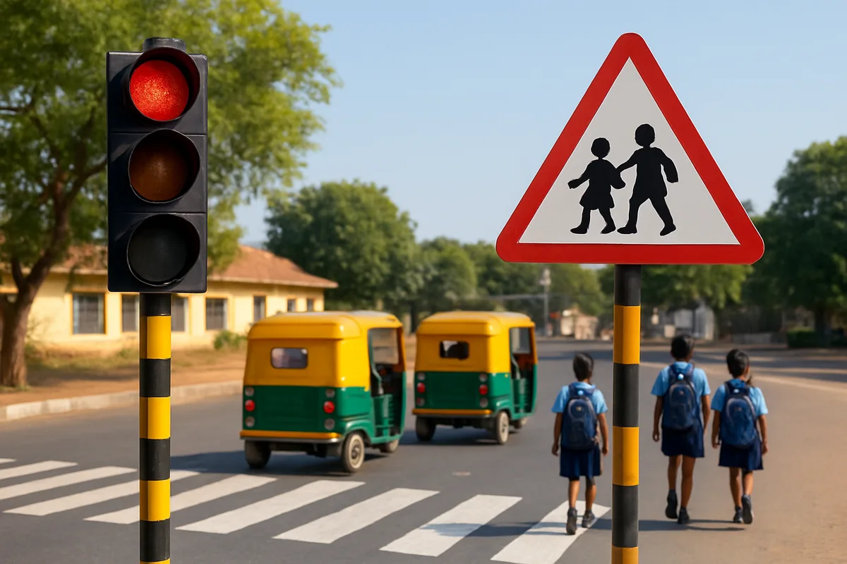 Indian traffic light and red triangle warning sign near a school, showing how signs and signals work