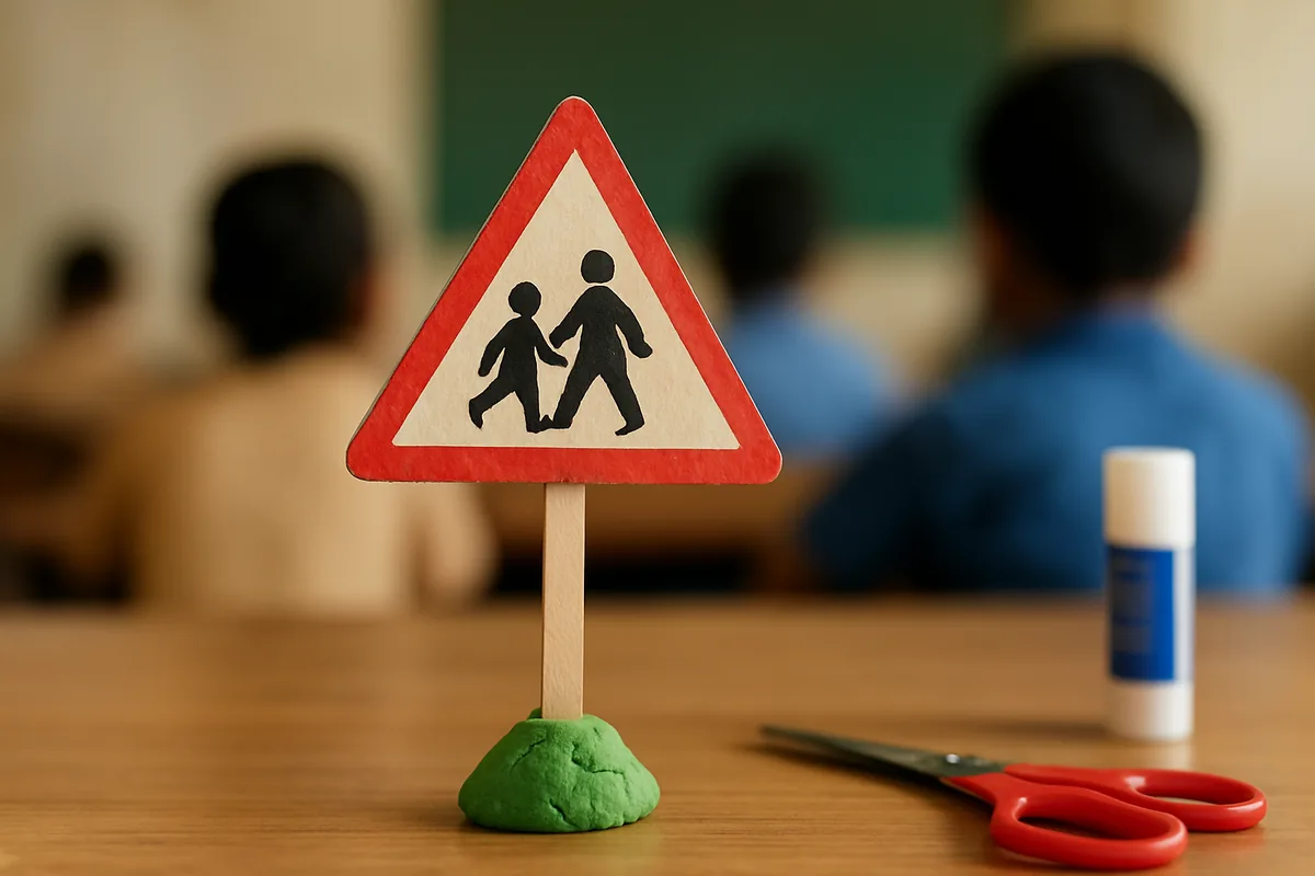 Small cardboard model of the school ahead sign on a stick, made for a traffic signs school project