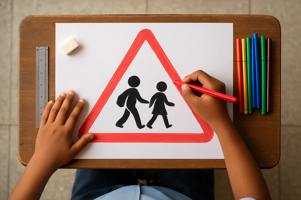 Student hands drawing an Indian school ahead traffic sign with a red border on white chart paper