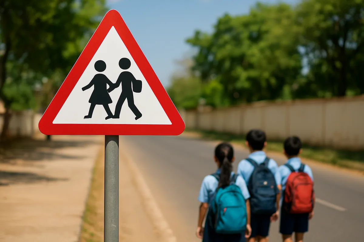 School ahead traffic sign India style, a red triangle with two walking children beside a road