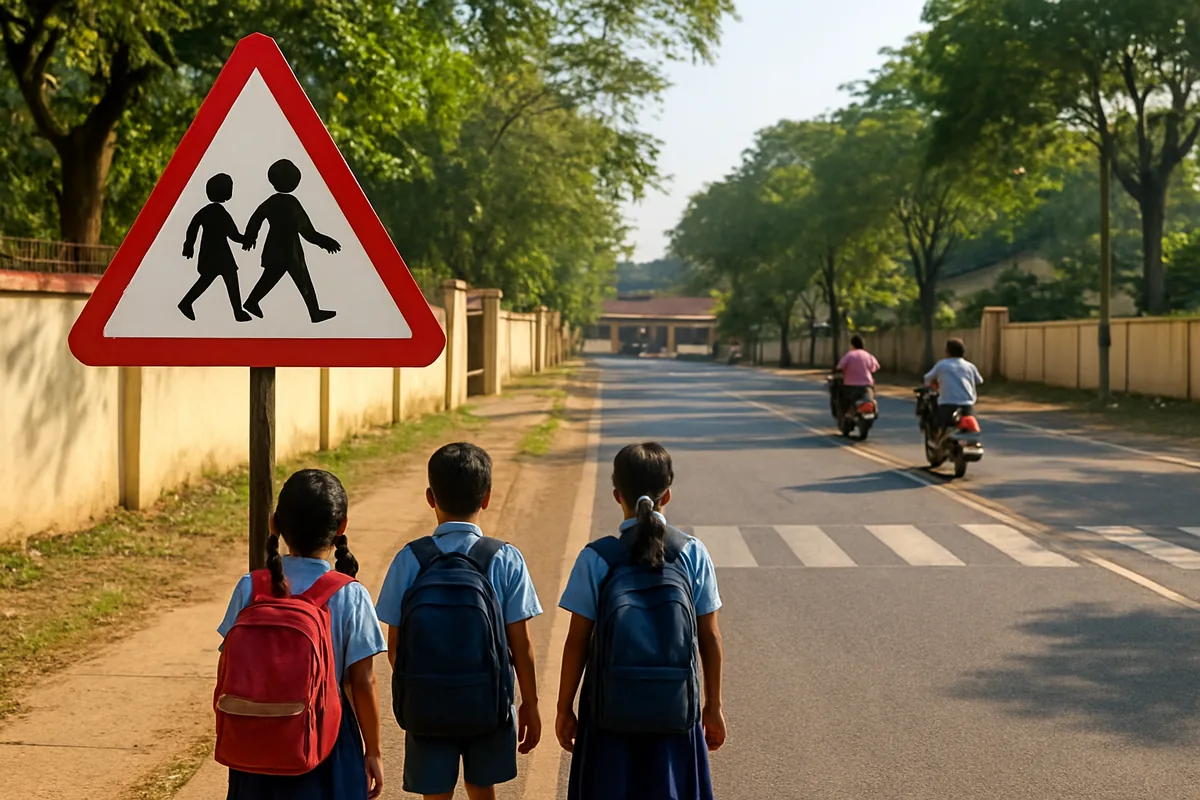Indian school zone traffic sign placed on the left side of the road well before a school gate