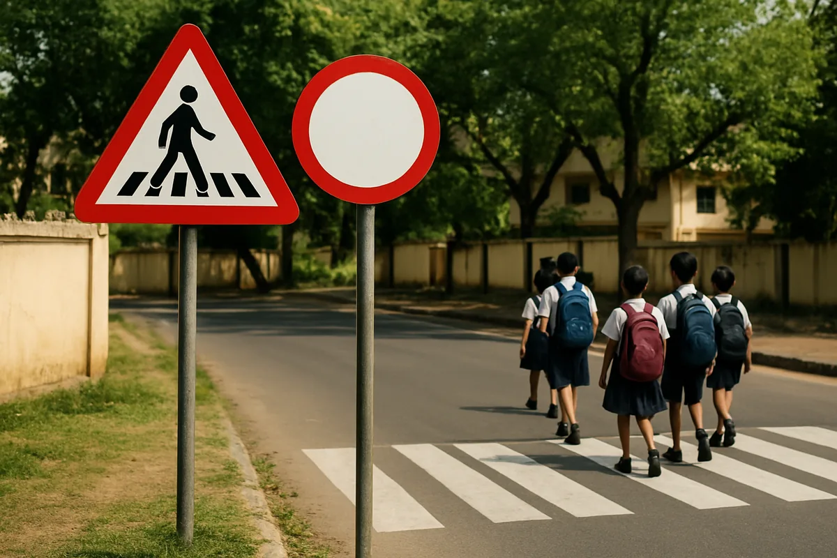 Indian school traffic signs with meanings, a pedestrian crossing triangle and a round speed limit sign