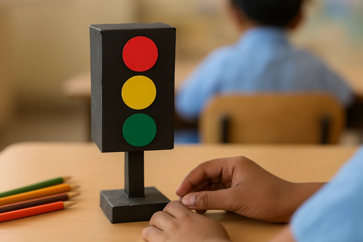 Small cardboard traffic light for school made by students, with red, yellow and green circles