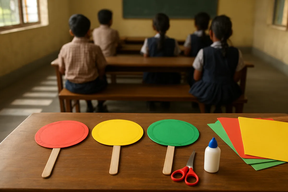 Classroom traffic light activity in school using red, yellow and green paper plates on a desk
