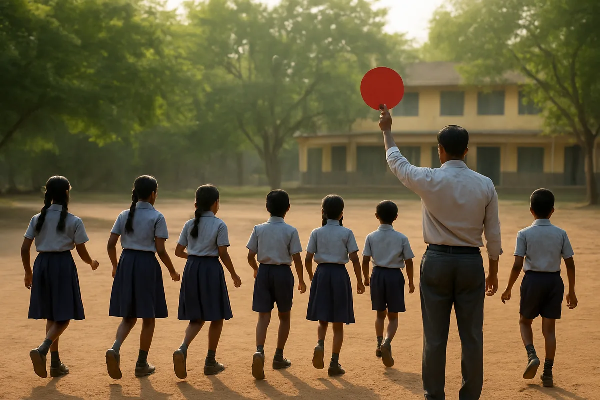 Children playing a school traffic rules game for kids in the playground, holding still for red