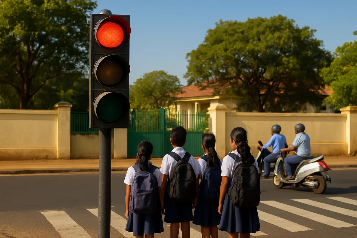 School traffic light glowing red at a crossing outside an Indian school while children wait