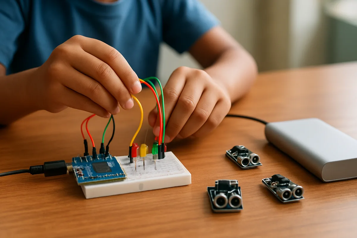 Breadboard with three LEDs, resistors and IR sensors wired for a smart traffic signal school project