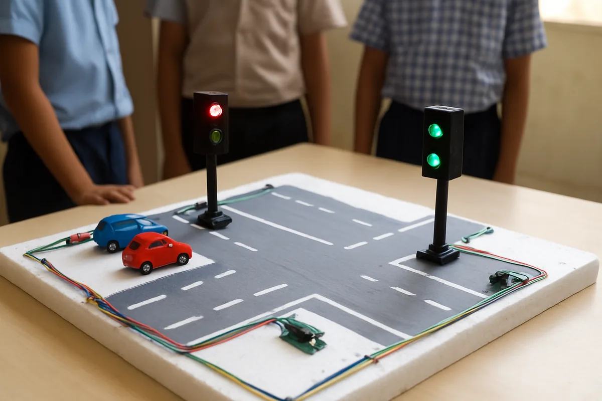 Smart traffic light school project model with sensors and LEDs on a thermocol road layout