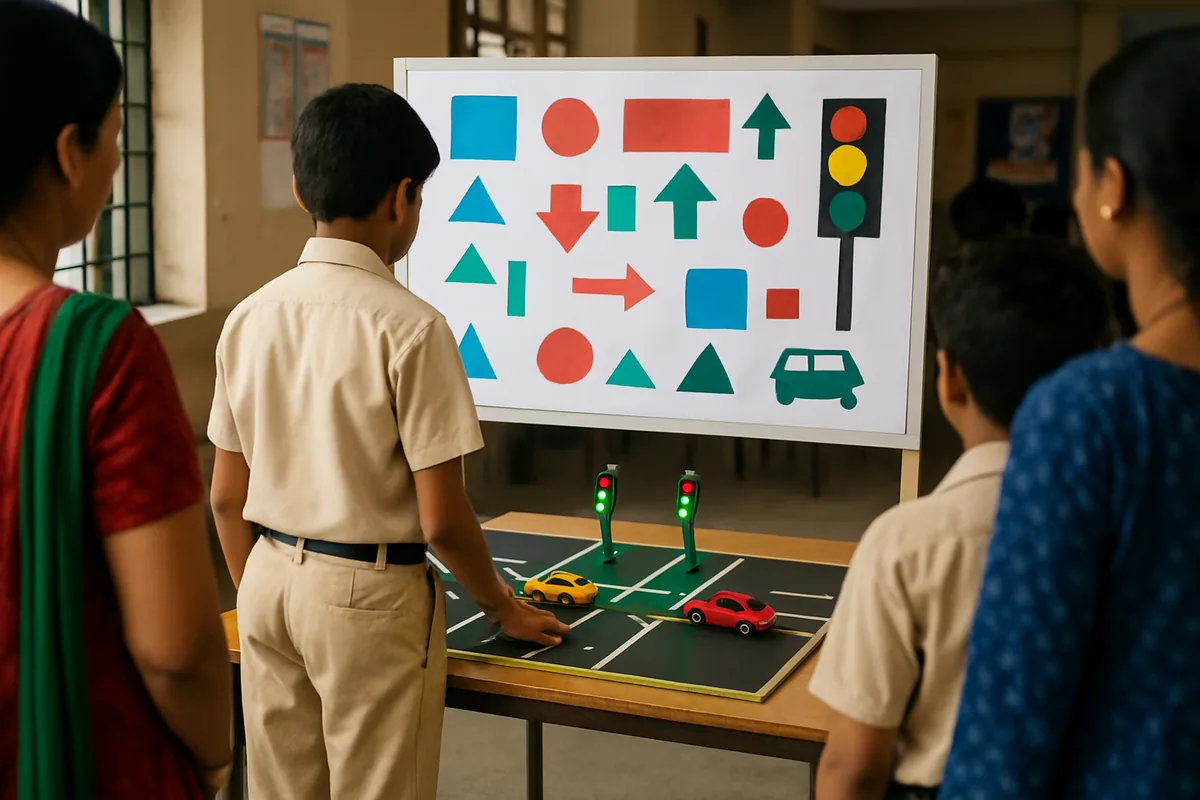 Smart traffic management school project on display at a science fair, student seen from behind