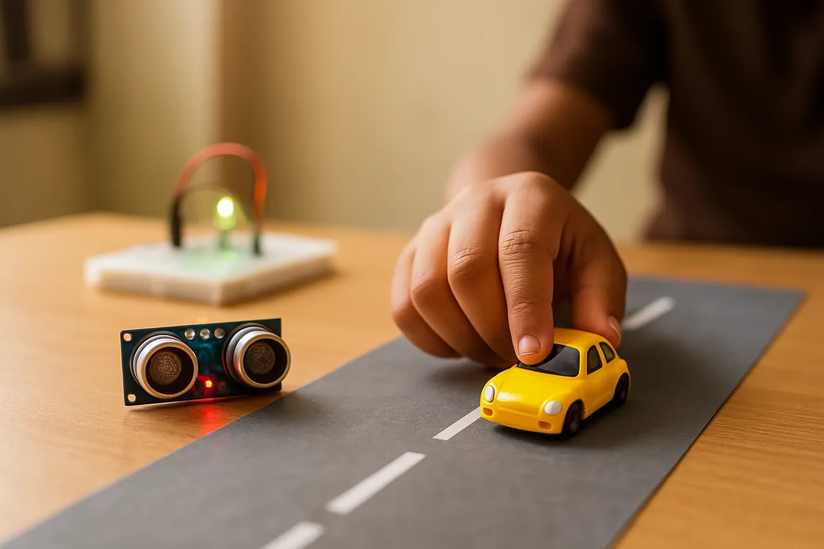 Toy car passing an IR sensor during a test of an automatic traffic light school project