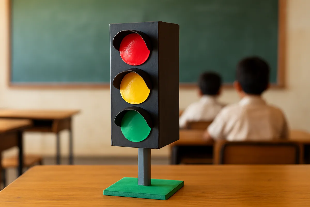 Finished traffic light model for school project made of cardboard on a classroom desk