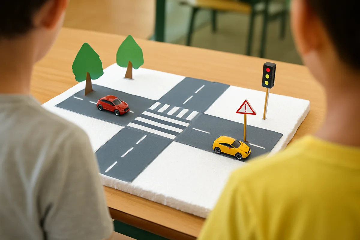 3D model of traffic project for school with a junction, zebra crossings, toy cars and a traffic light