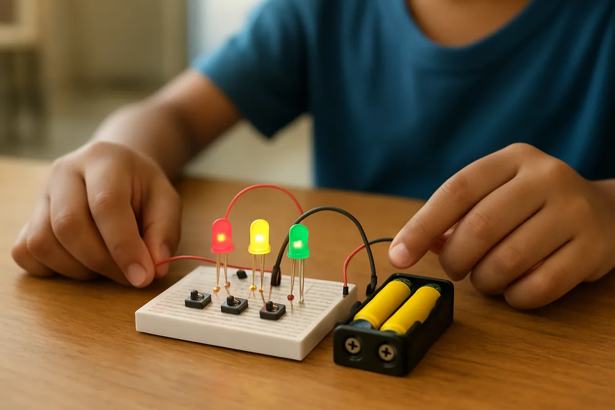 Working traffic light school project wiring with red, yellow and green LEDs, resistors and a battery holder