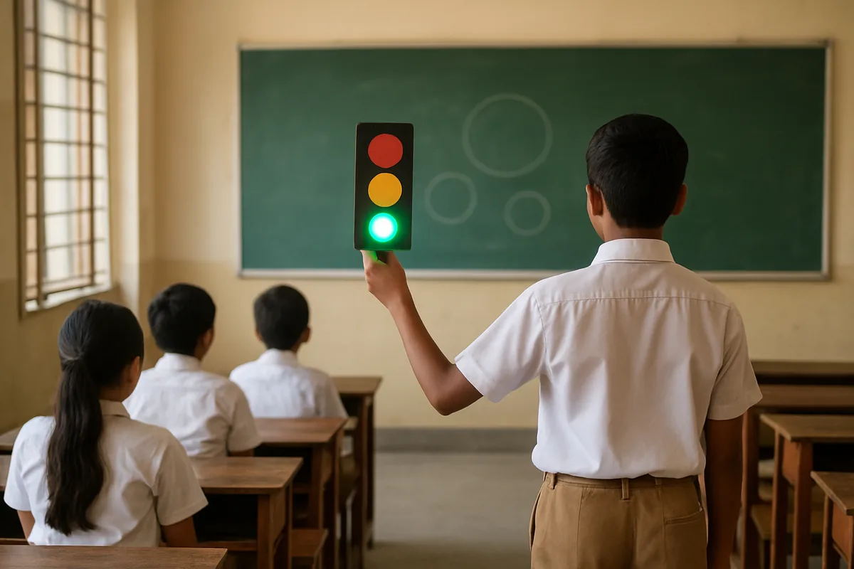 Student presenting a working traffic light school project model to the class, seen from behind
