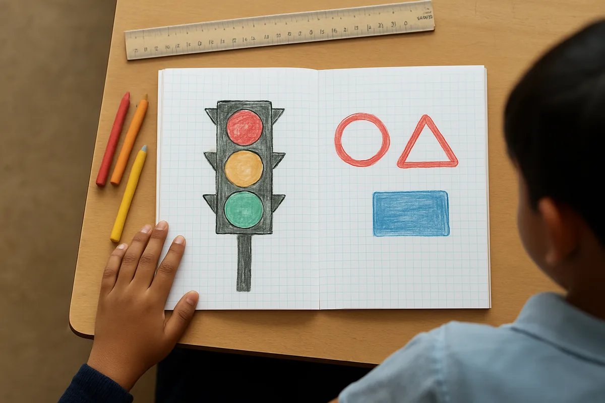 Traffic signal images for school project drawn by hand on chart paper with red, amber and green circles