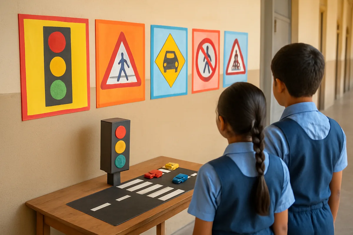Row of traffic rules posters for school displayed in a corridor above a small model road with a zebra crossing