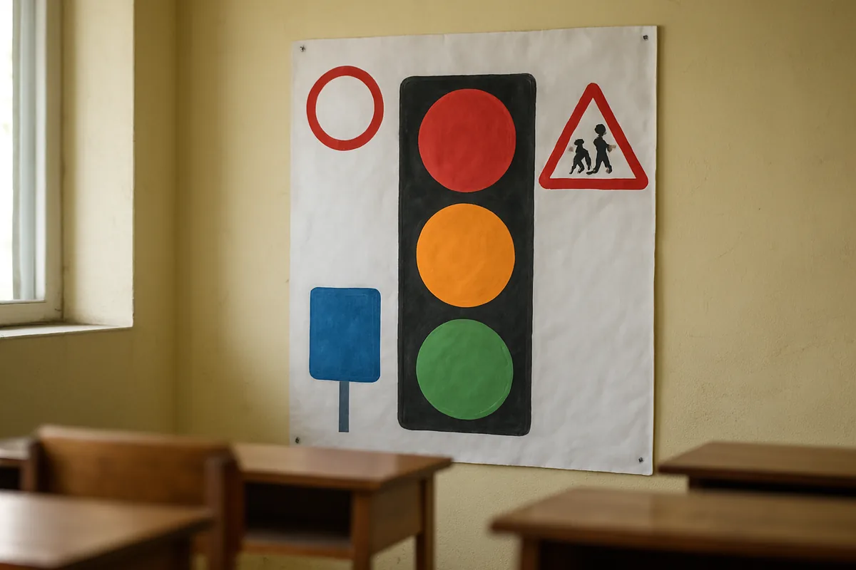 Finished traffic signal chart for school pinned on a classroom wall with red, amber and green circles