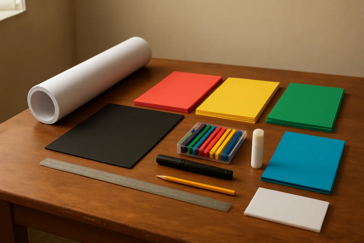 Chart paper, sketch pens, glue stick and thermocol sheet laid out for a traffic rules chart for school