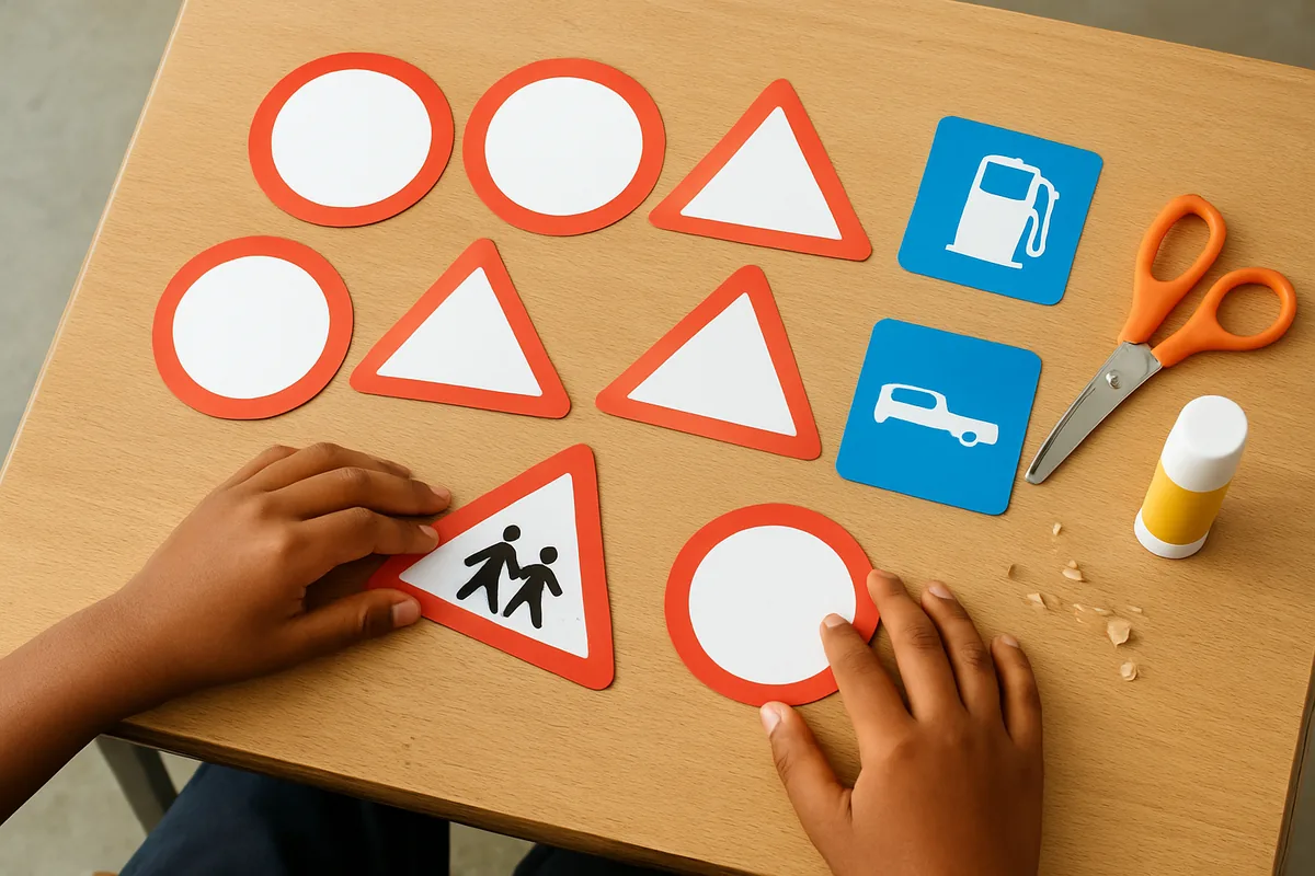 Coloured paper cutouts of red circle, red triangle and blue rectangle signs for a school traffic rules poster