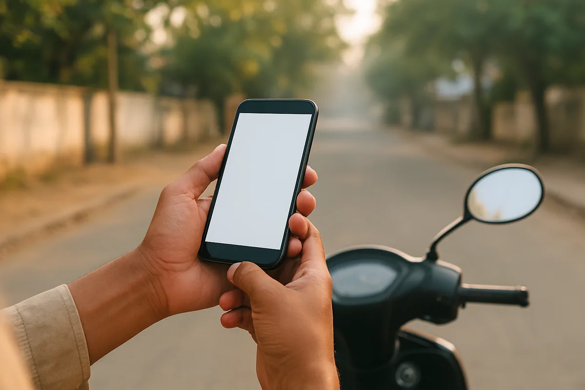 Hands holding a phone near a parked scooter to check a traffic ticket on the e-challan portal