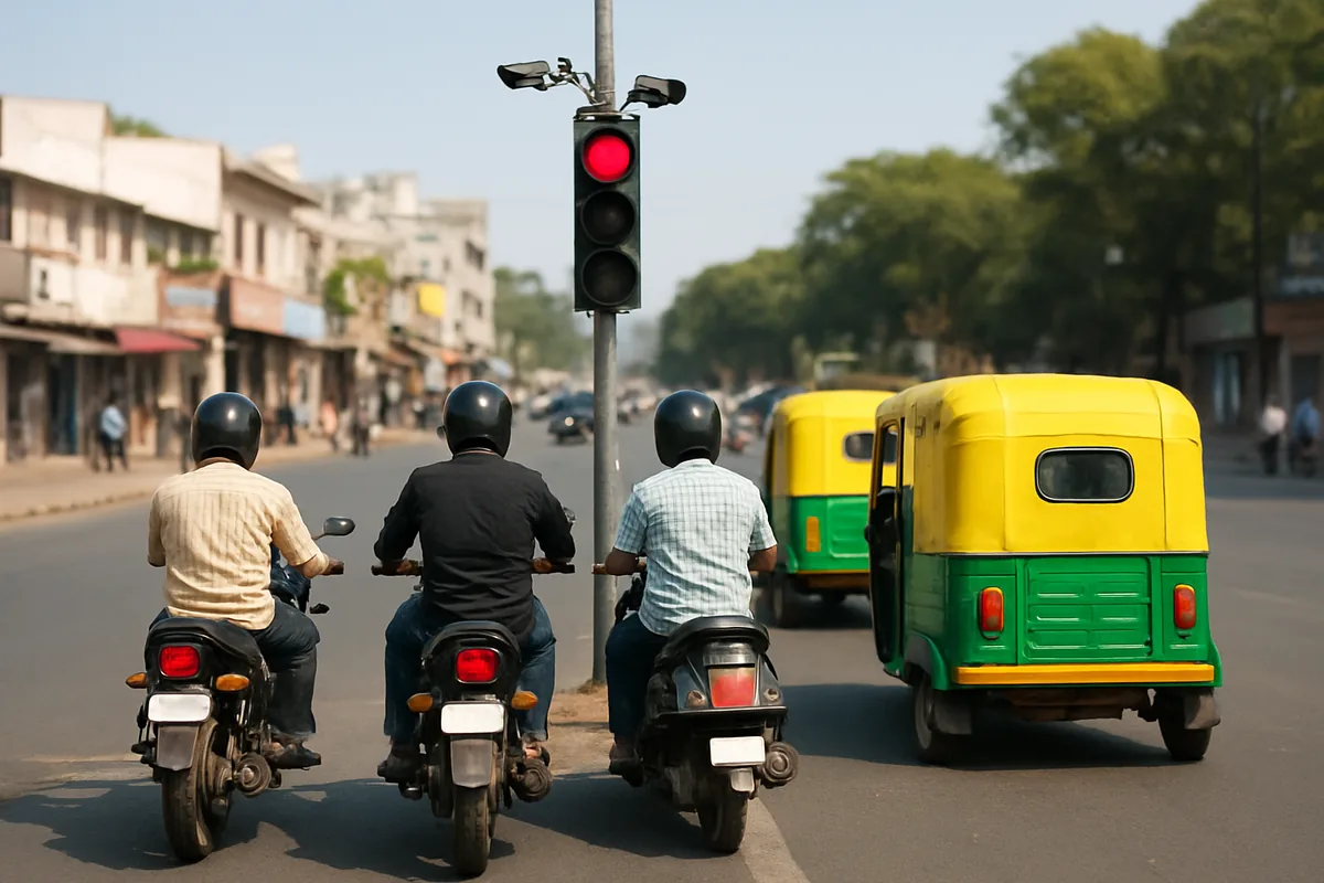 Traffic camera above a busy Indian signal junction that can issue a traffic ticket as an e-challan